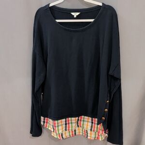 Crown & Ivy Navy Sweatshirt with Plaid Hem